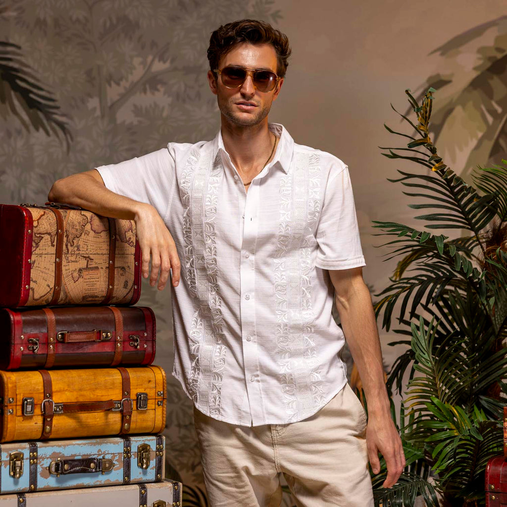 RSVLTS Guayabera Bamboo Short Sleeve Shirt in White — detail 8