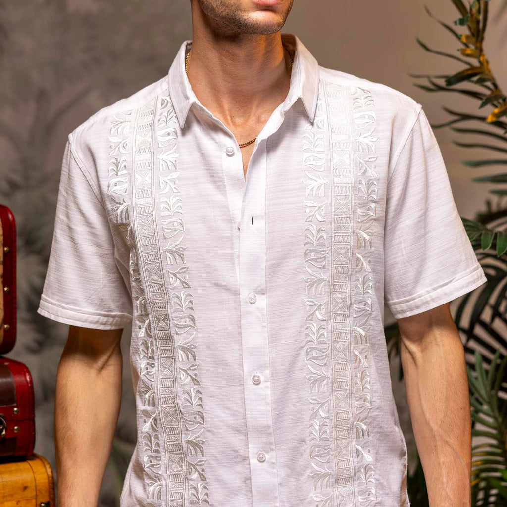 RSVLTS Guayabera Bamboo Short Sleeve Shirt in White — front view