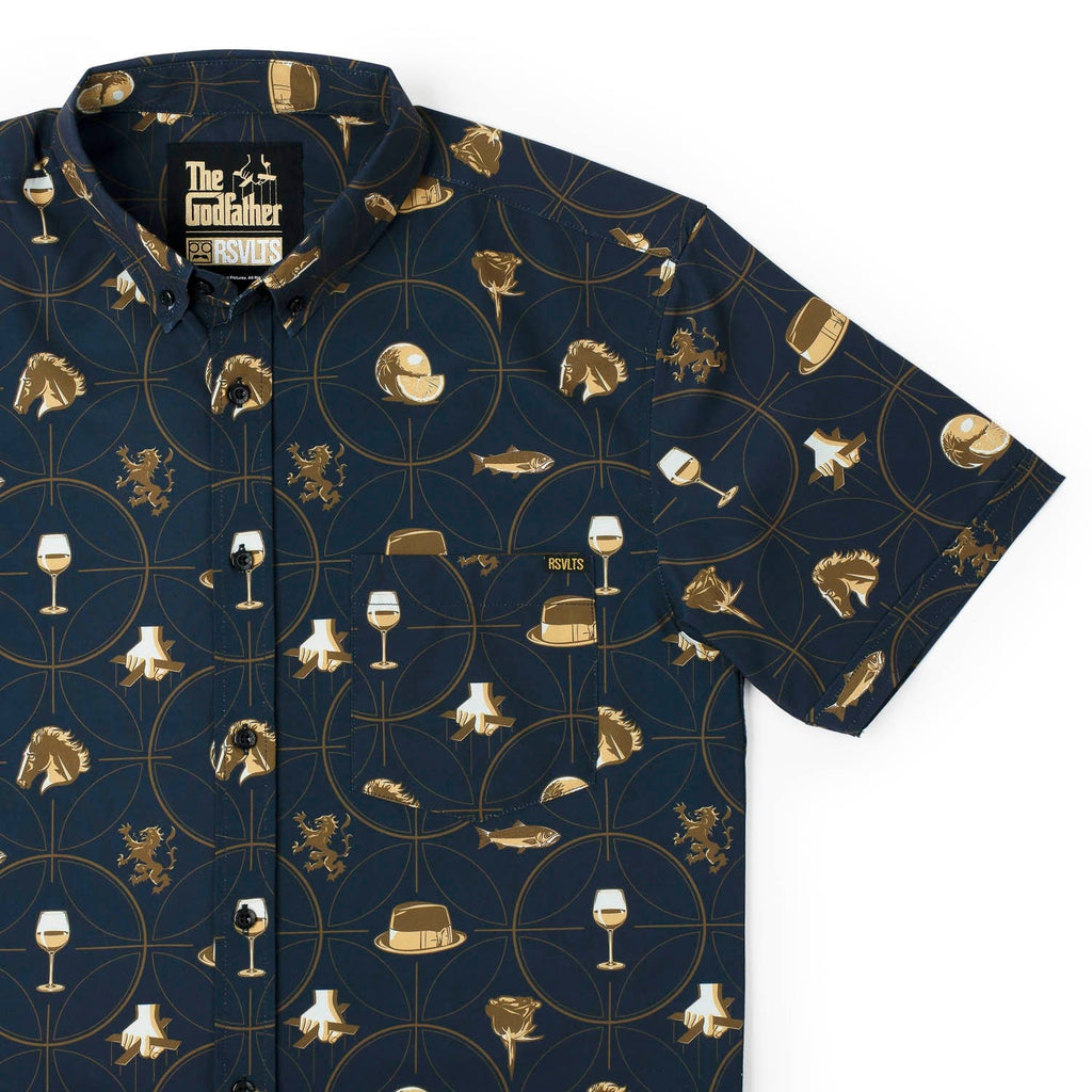 RSVLTS The Godfather ”Family Business” KUNUFLEX Short Sleeve Shirt in Blue — front view