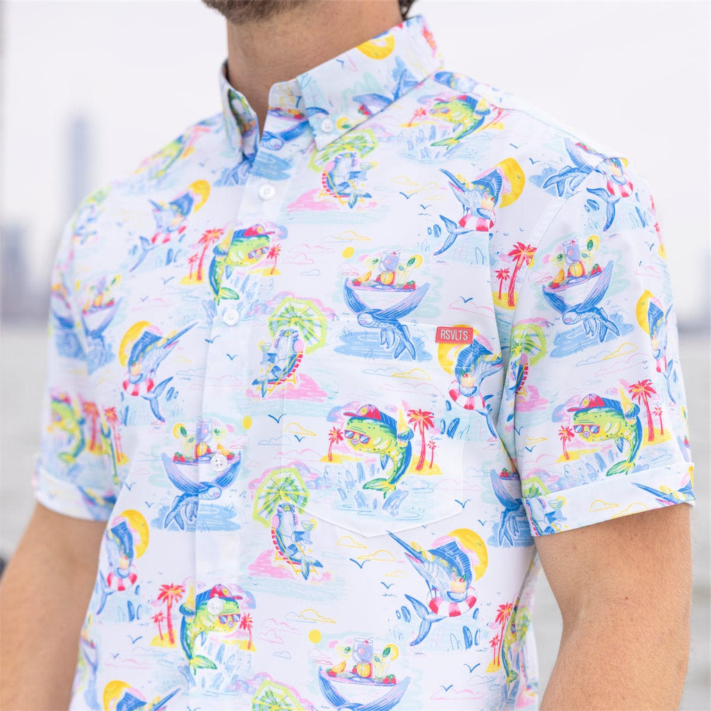 RSVLTS Drinking Like Fish KUNUFLEX Short Sleeve Shirt in Blue — front view