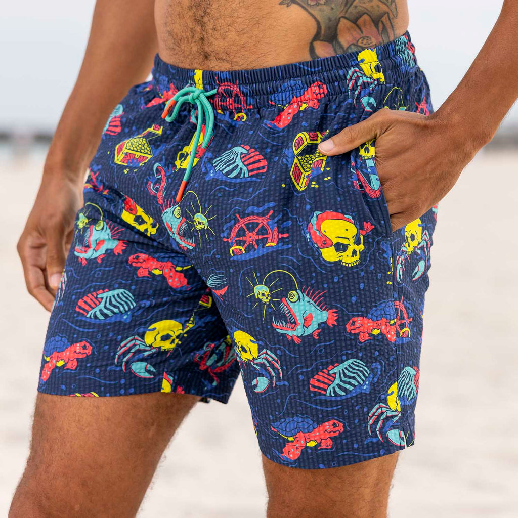 RSVLTS What Lies Beneath Stretch Seersucker Hybrid Shorts in Blue — front view