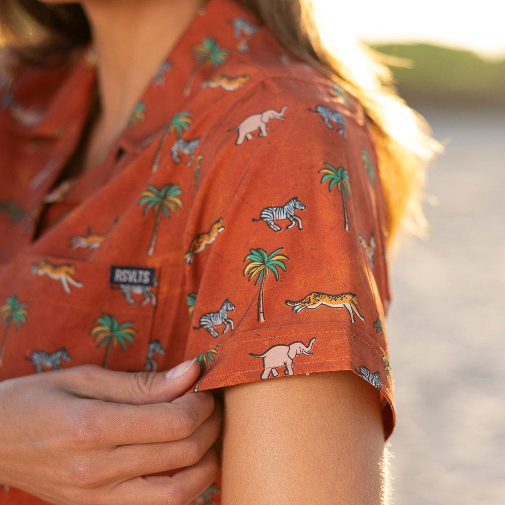 RSVLTS Destination Darjeeling Women's KUNUFLEX Short Sleeve Shirt in Brown — detail 7