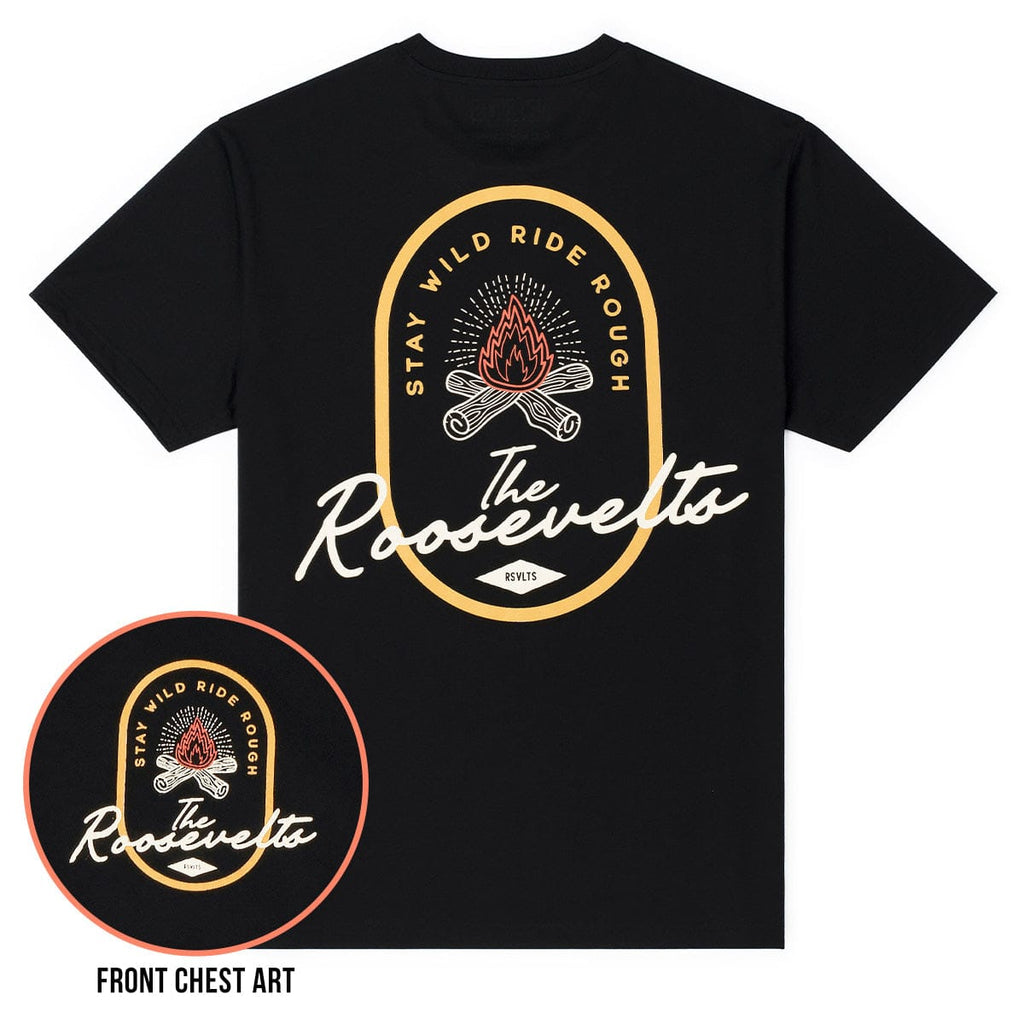 RSVLTS Stay Wild Campfire Crewneck Tee in Black — front view
