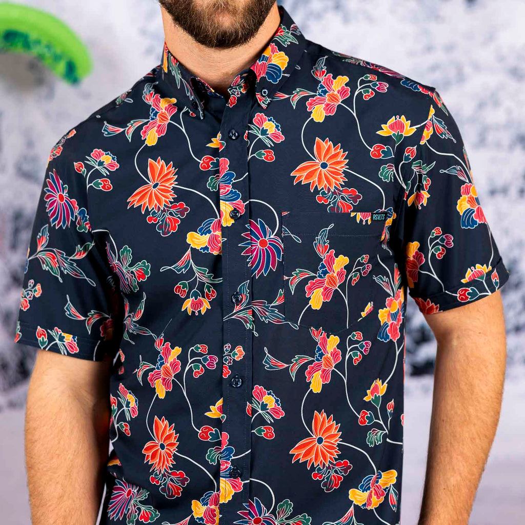 RSVLTS Retro Vines KUNUFLEX Short Sleeve Shirt in Black — front view