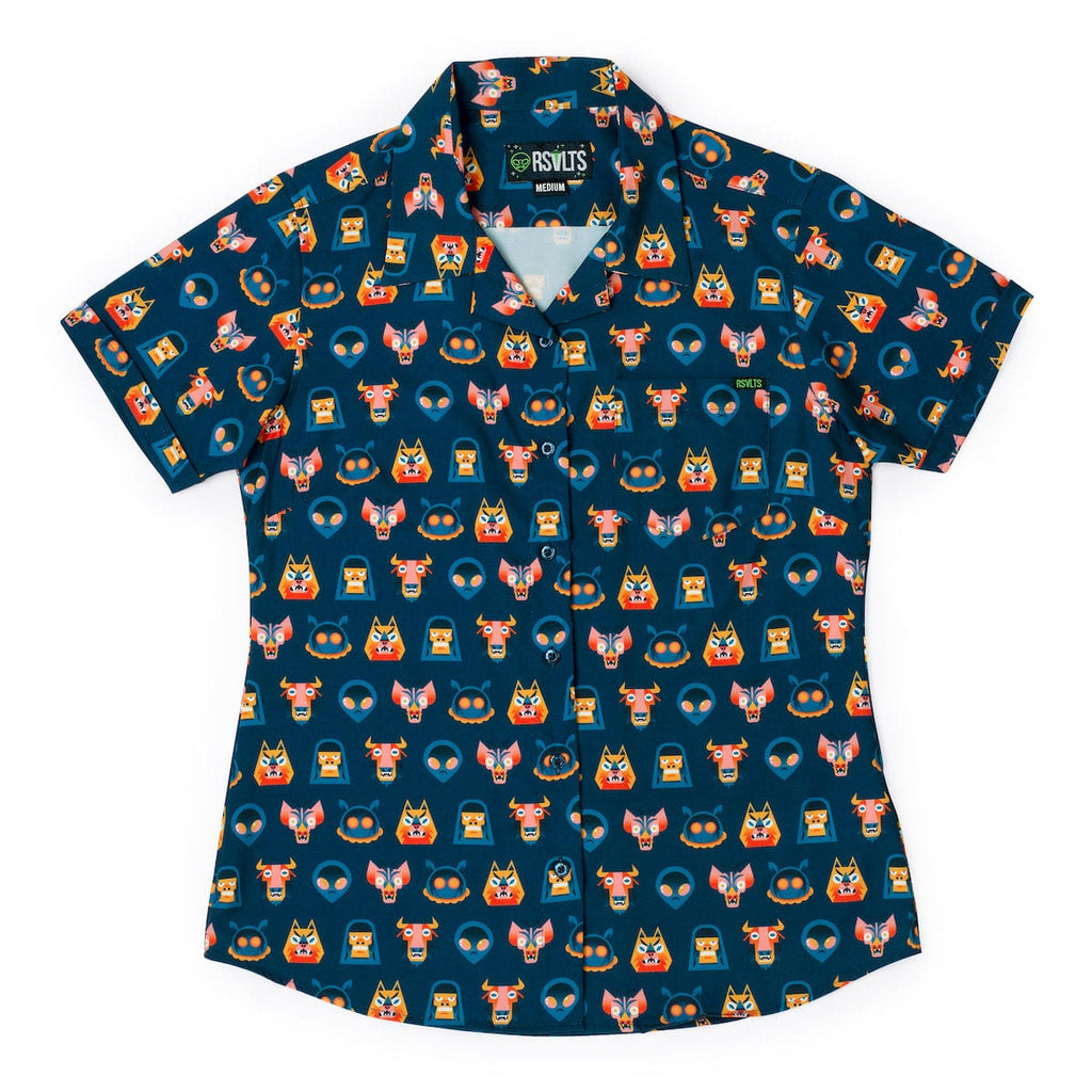 RSVLTS Tales from the Cryptids Women's KUNUFLEX Short Sleeve Shirt in Blue — front view