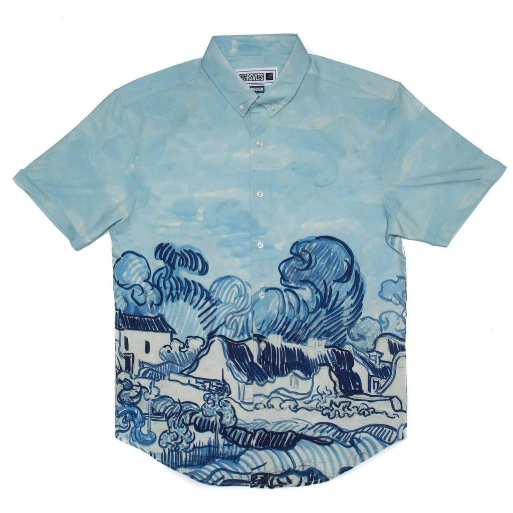 RSVLTS Landscape With Houses KUNUFLEX Short Sleeve Shirt in Blue — front view