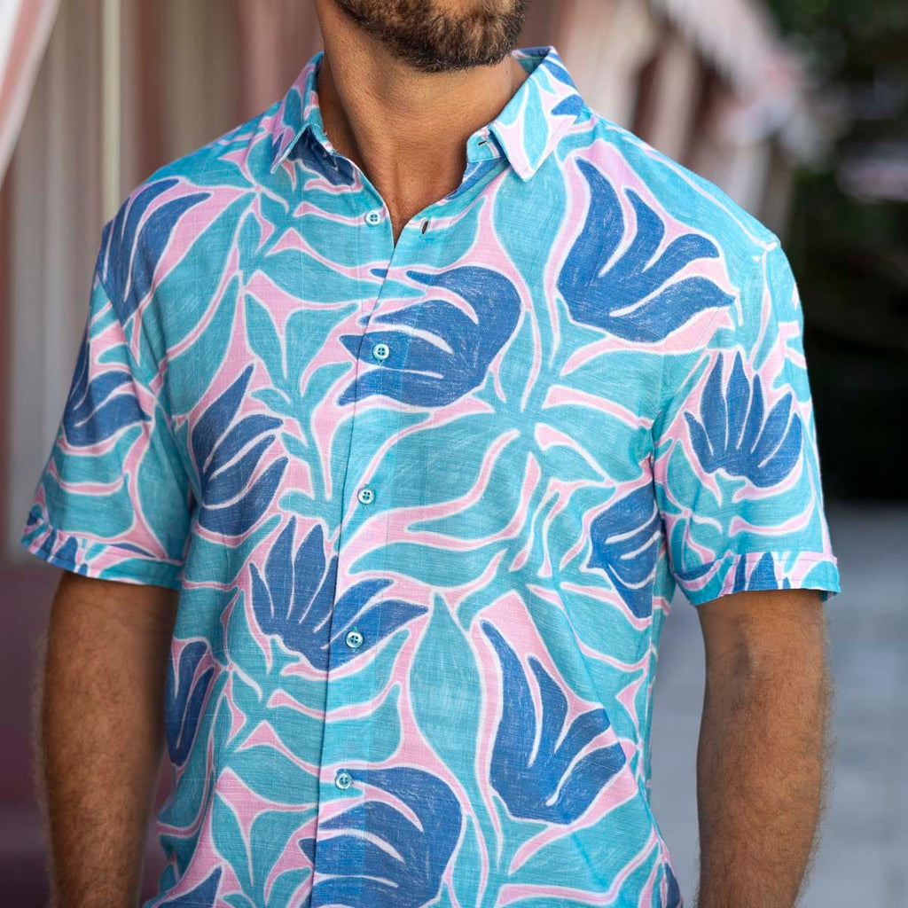 RSVLTS Turq Tropic Bamboo Short Sleeve Shirt in Blue — front view