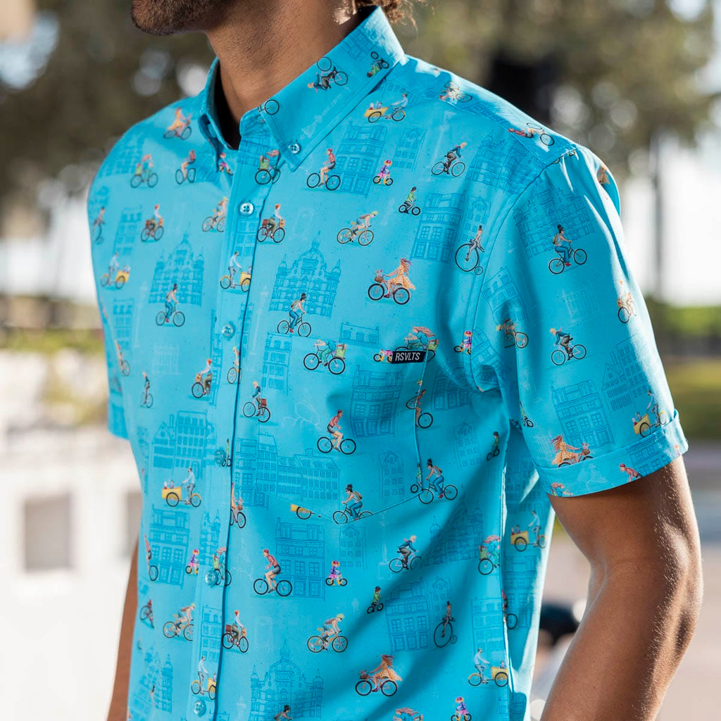 RSVLTS Copenhagen KUNUFLEX Short Sleeve Shirt in Blue — front view