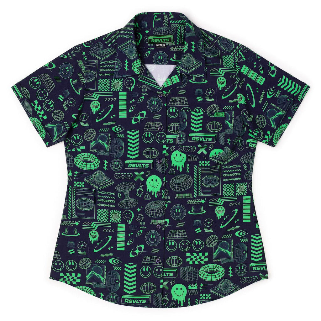 RSVLTS World Wide Widgets Women's KUNUFLEX Short Sleeve Shirt in Black — front view