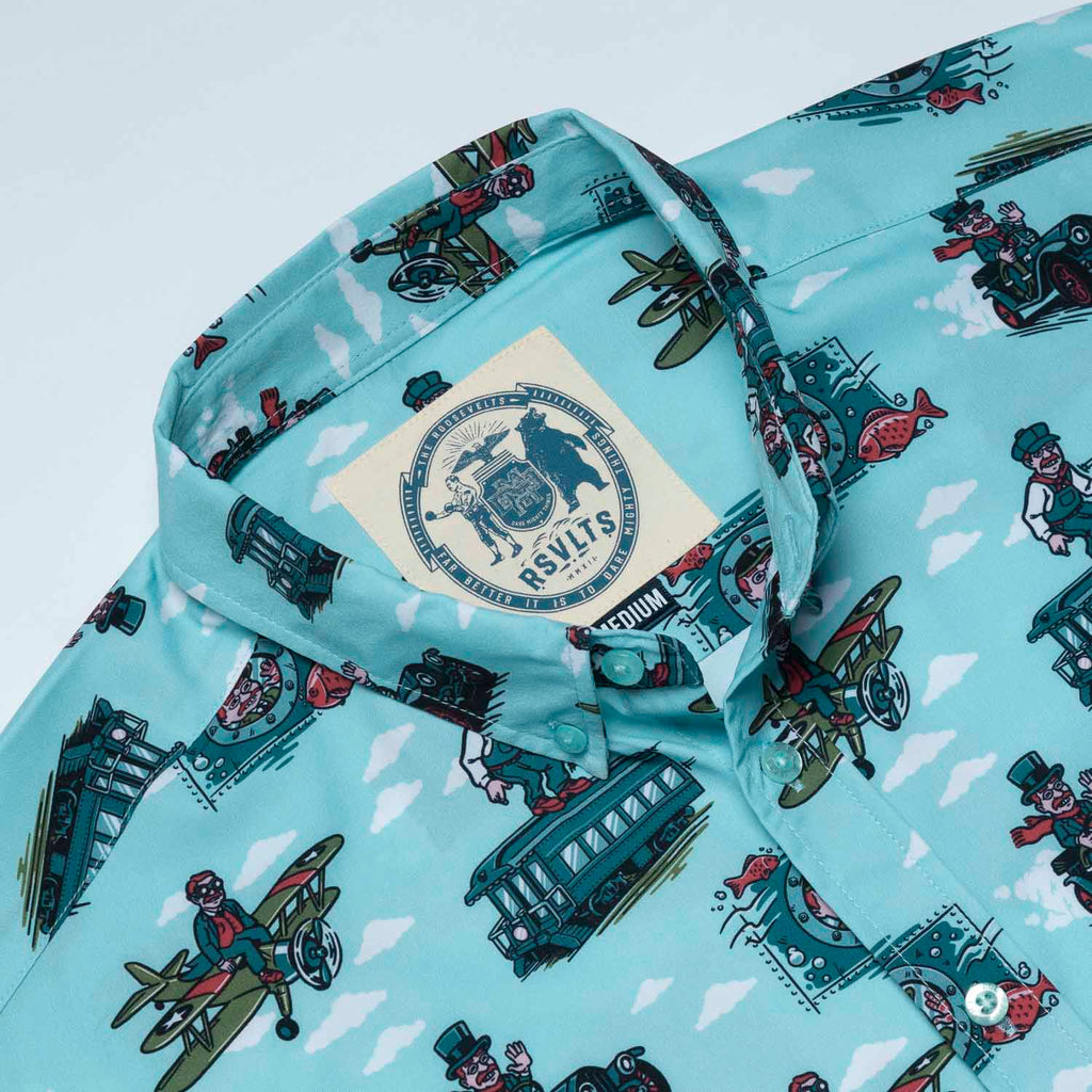 RSVLTS Teddy the Trailblazer KUNUFLEX Short Sleeve Shirt in Blue — detail 5