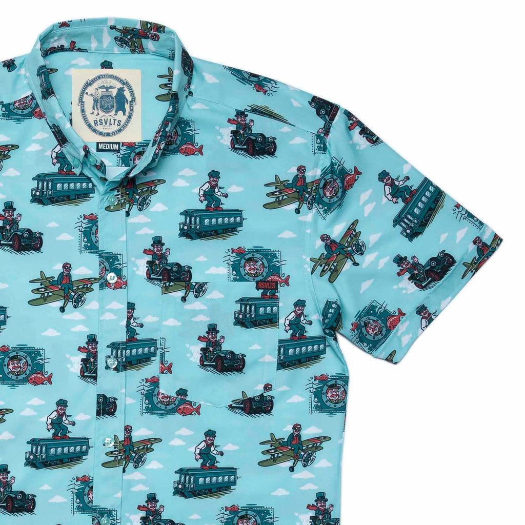 RSVLTS Teddy the Trailblazer KUNUFLEX Short Sleeve Shirt in Blue — front view