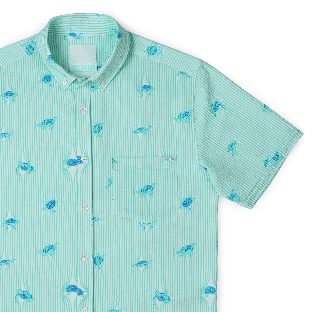 RSVLTS Sea Turtles Stretch Seersucker Short Sleeve Shirt in Green — front view