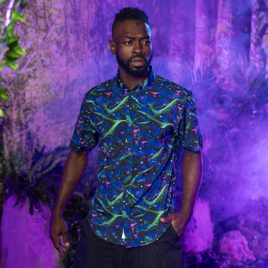RSVLTS Na’vi Nights KUNUFLEX Short Sleeve Shirt in Blue — detail 4