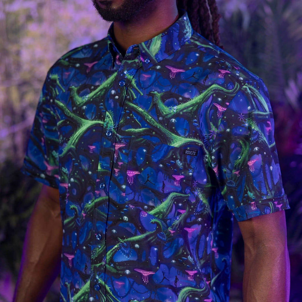 RSVLTS Na’vi Nights KUNUFLEX Short Sleeve Shirt in Blue — detail 6