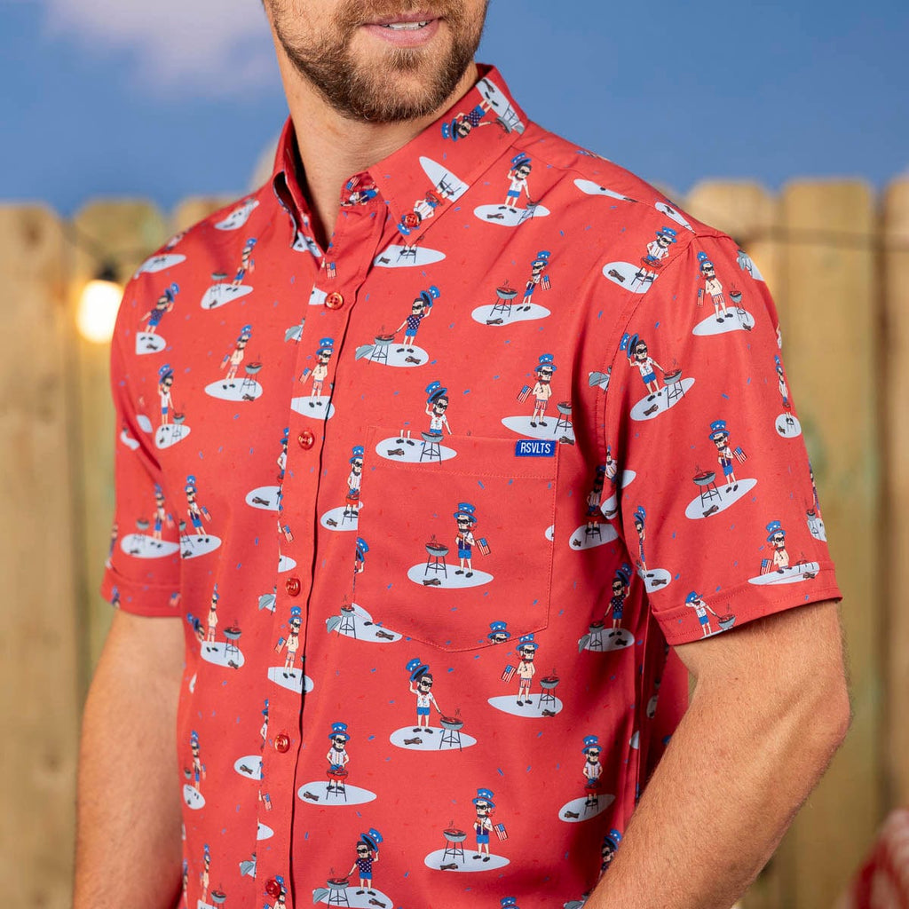 RSVLTS Lincoln Dogs KUNUFLEX Short Sleeve Shirt in Orange — front view
