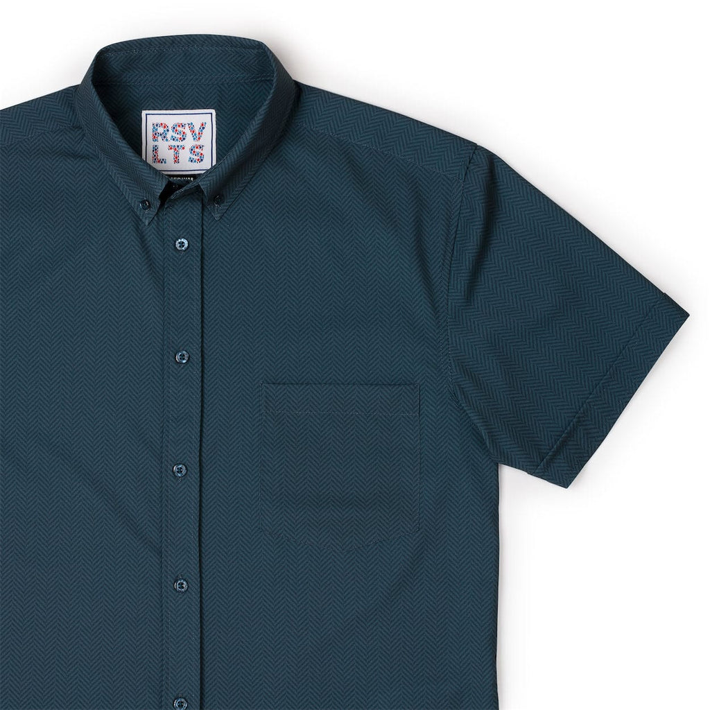 RSVLTS Bad To The Herringbone KUNUFLEX Short Sleeve Shirt in Blue — front view