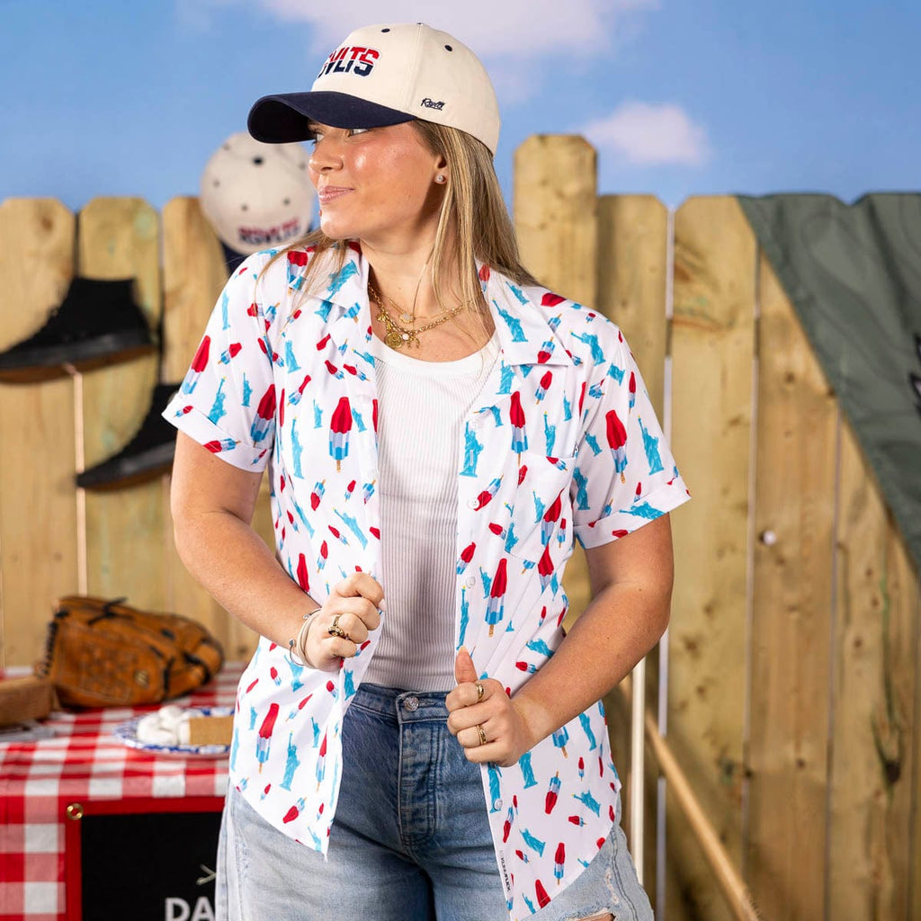 RSVLTS America Pops & Freedom Women's KUNUFLEX Short Sleeve Shirt (Legends Edition) in Blue — detail 4