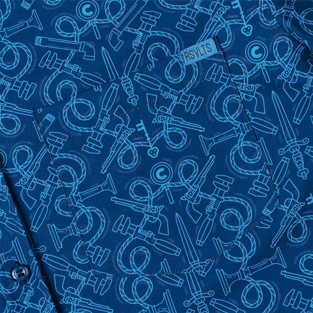 RSVLTS Choose Your Weapon KUNUFLEX Short Sleeve Shirt in Blue — detail 6