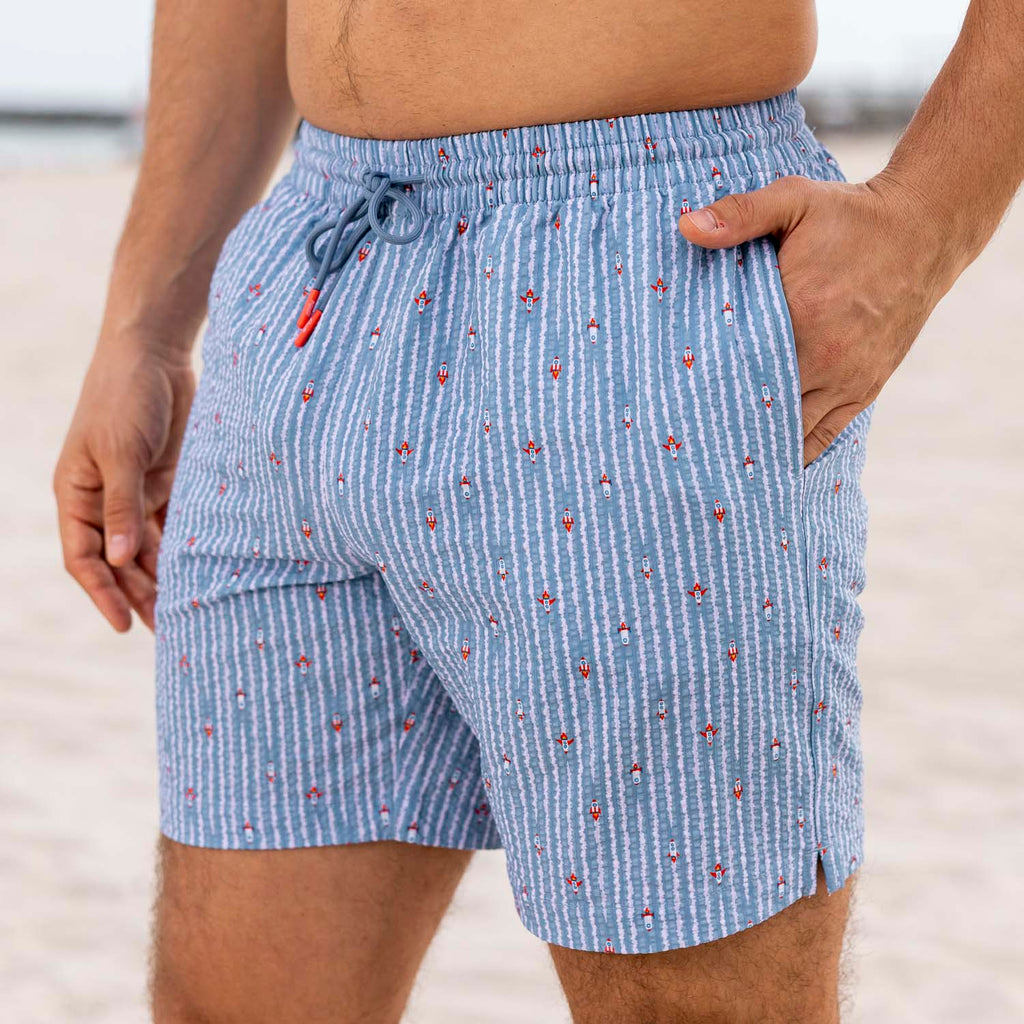 RSVLTS Blast Off! Stretch Seersucker Hybrid Shorts in Blue — front view