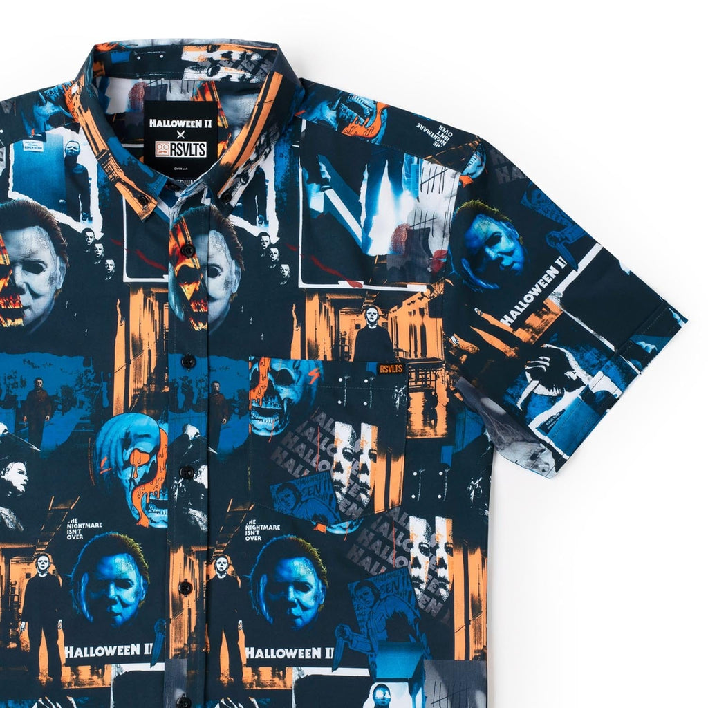 RSVLTS Mural of a Madman KUNUFLEX Short Sleeve Shirt in Blue — front view
