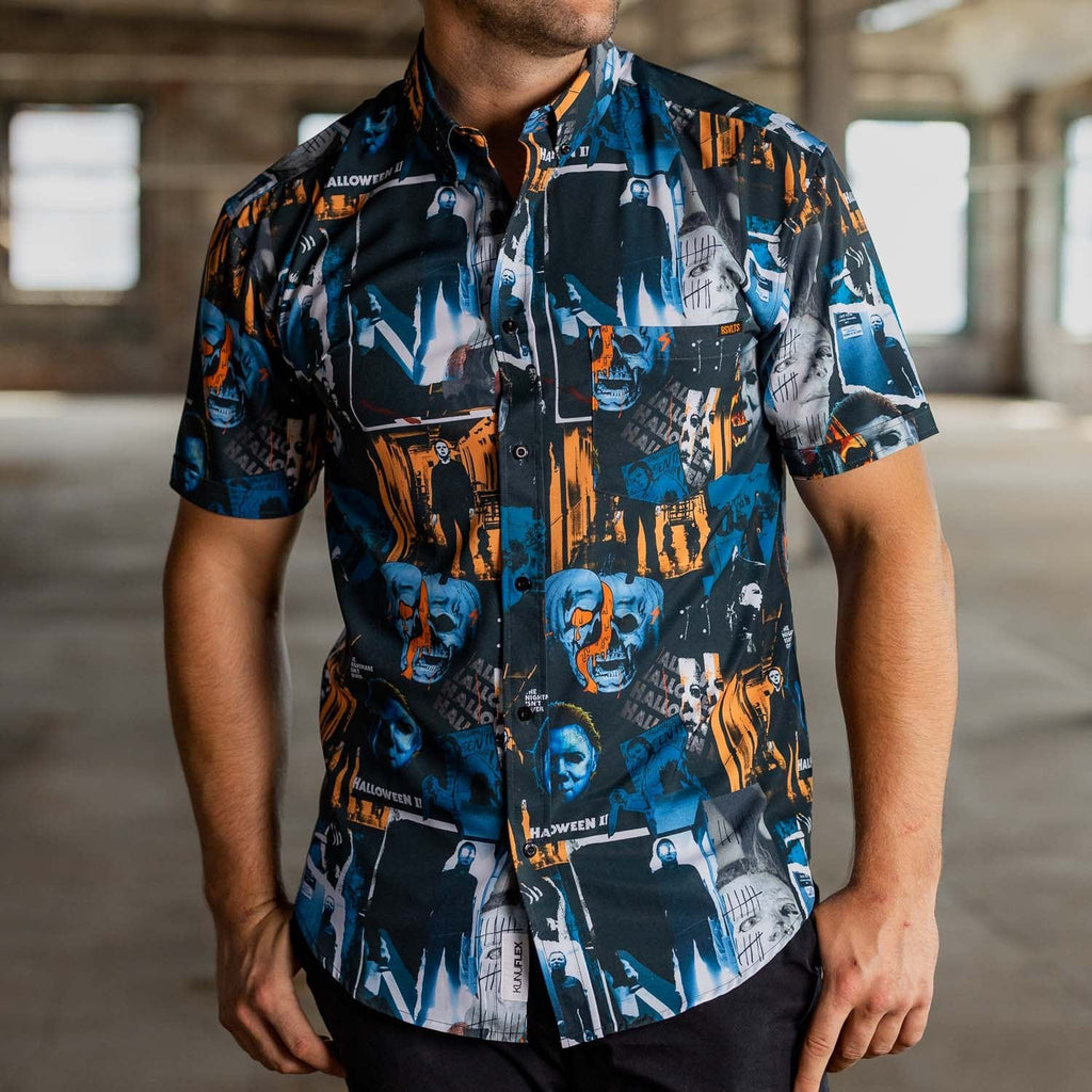 RSVLTS Mural of a Madman KUNUFLEX Short Sleeve Shirt in Blue — detail 2