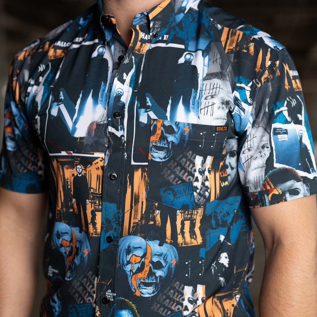 RSVLTS Mural of a Madman KUNUFLEX Short Sleeve Shirt in Blue — detail 7