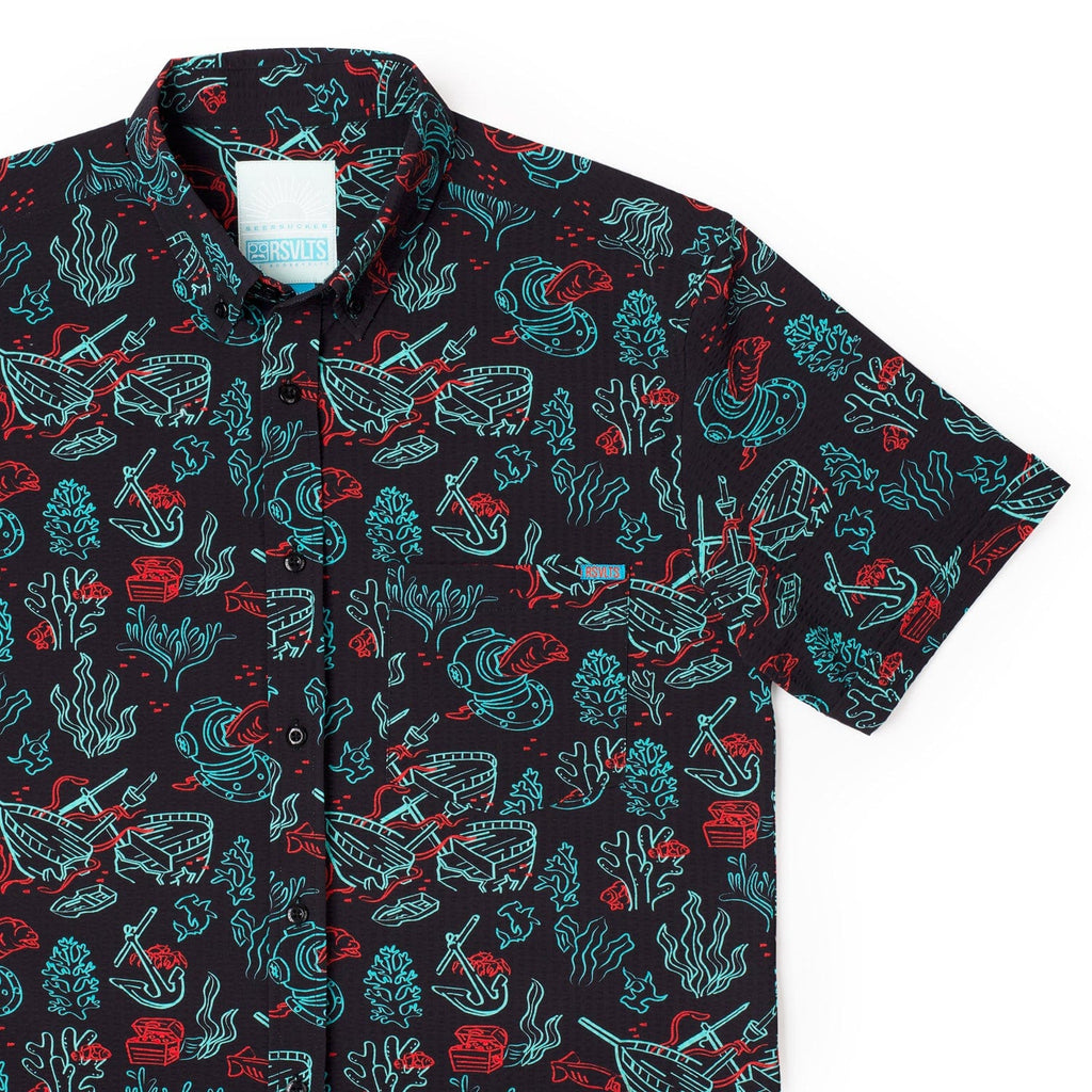 RSVLTS Shipwreck Stretch Seersucker Short Sleeve Shirt in Black — front view