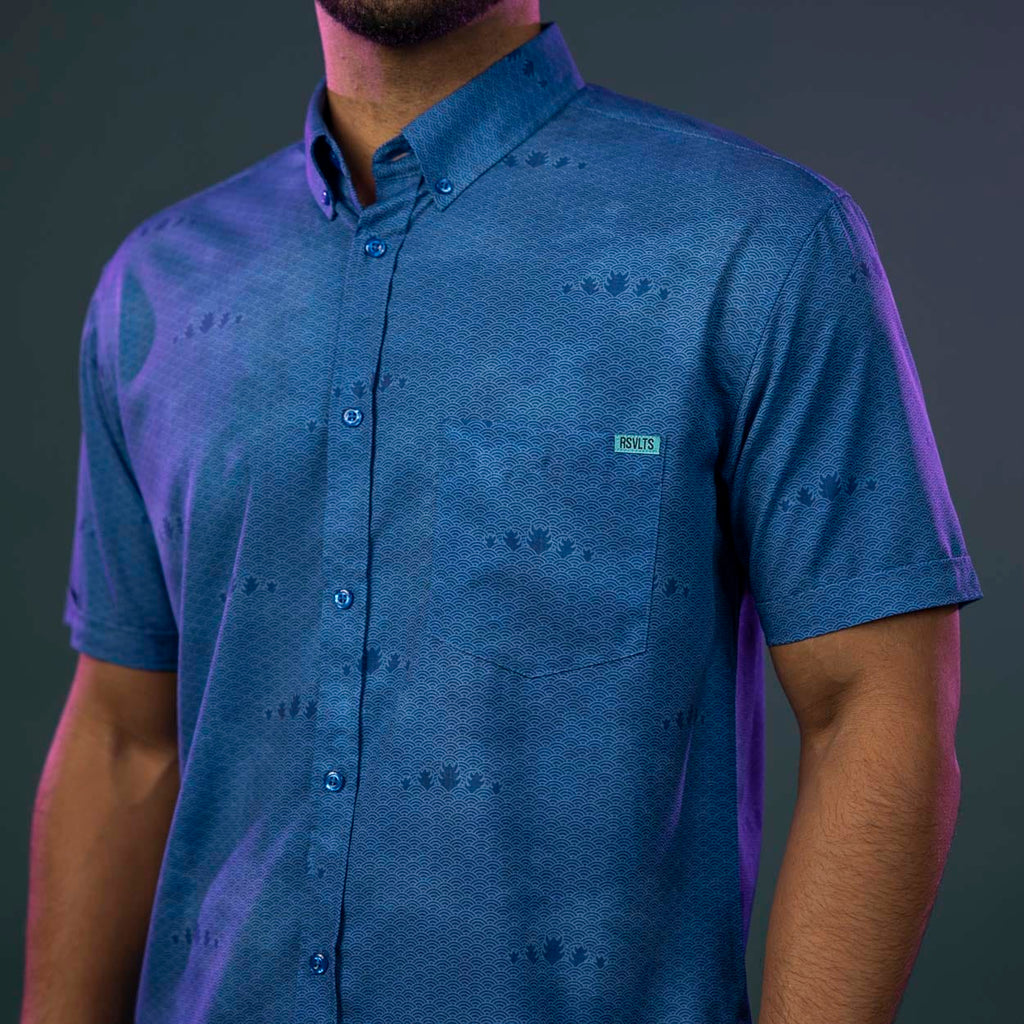 RSVLTS Pacific Coast Kaiju KUNUFLEX Short Sleeve Shirt in Blue — detail 2