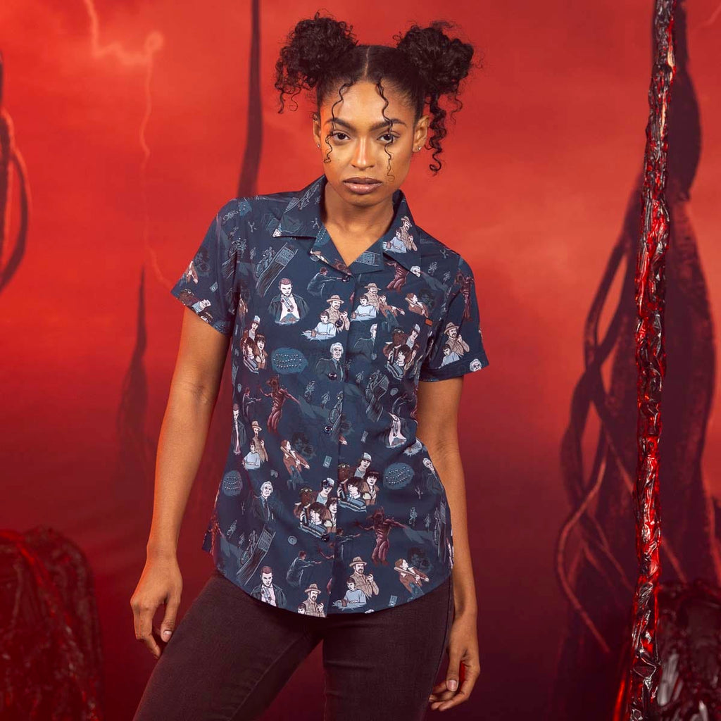 RSVLTS Something Is Coming Women's KUNUFLEX Short Sleeve Shirt in Blue — front view