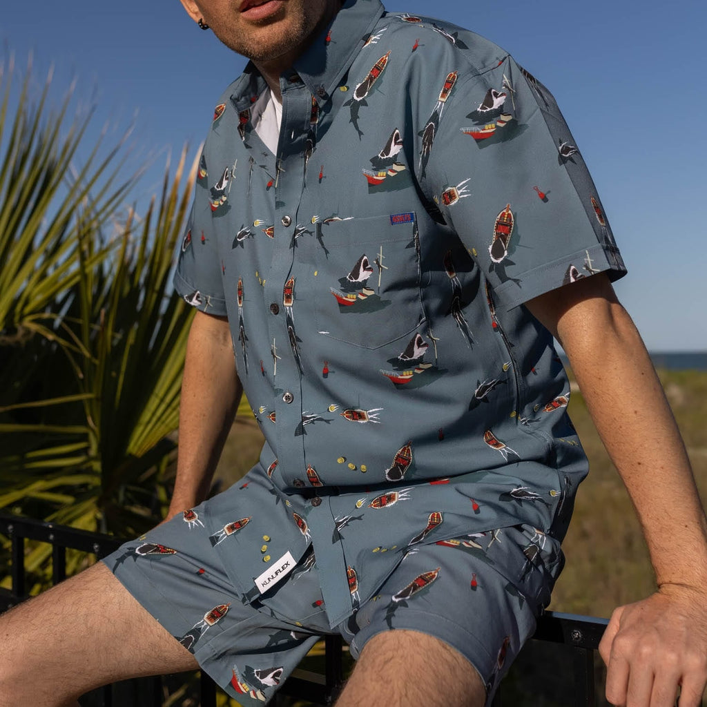 RSVLTS Battle of Amity KUNUFLEX Short Sleeve Shirt in Gray — detail 6