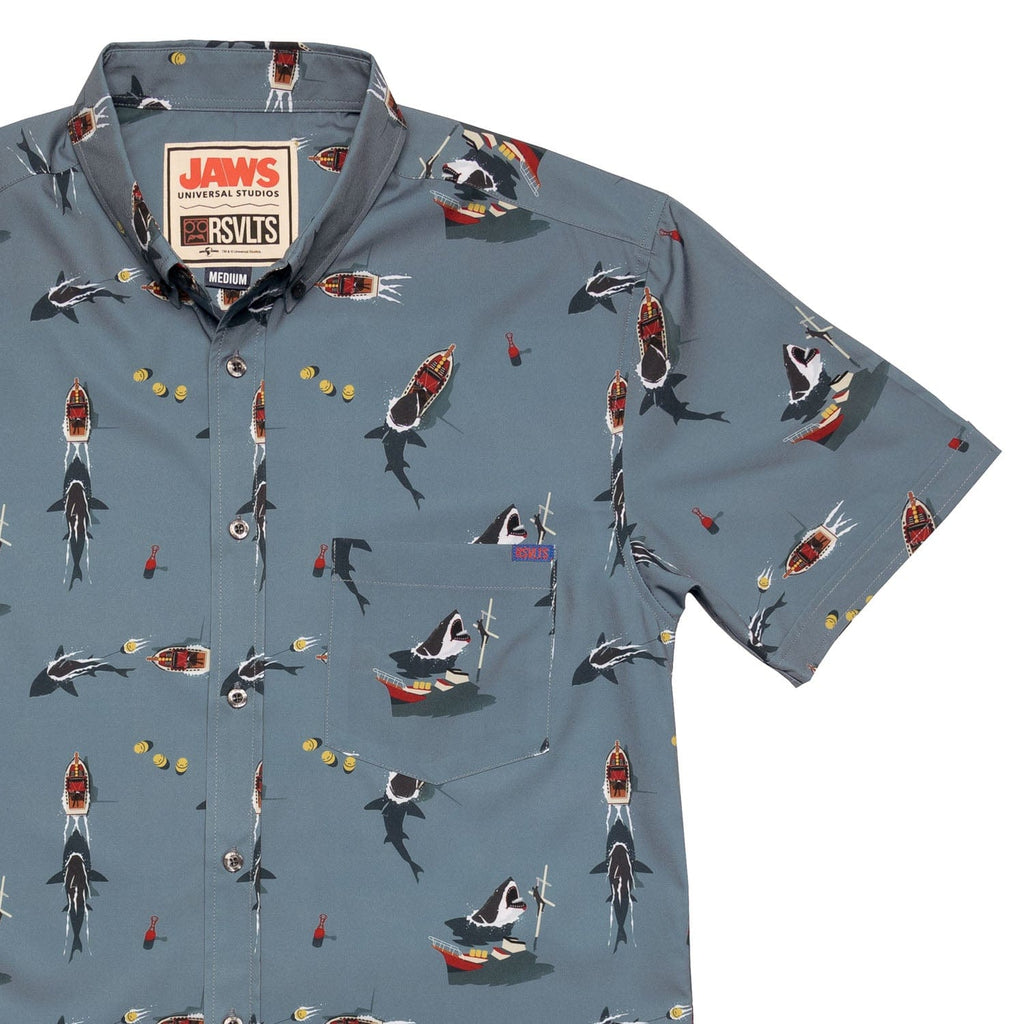 RSVLTS Battle of Amity KUNUFLEX Short Sleeve Shirt in Gray — front view