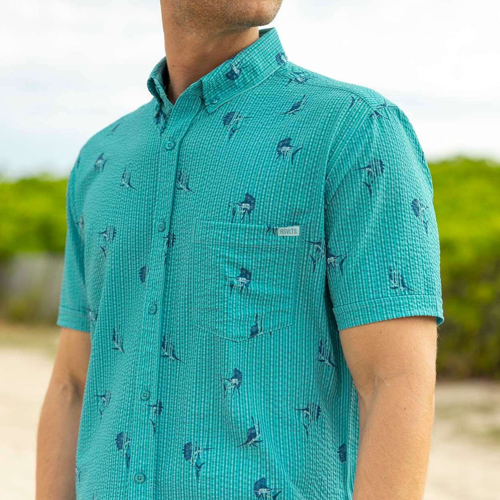 RSVLTS Sailfish Stretch Seersucker Short Sleeve Shirt in Green — front view