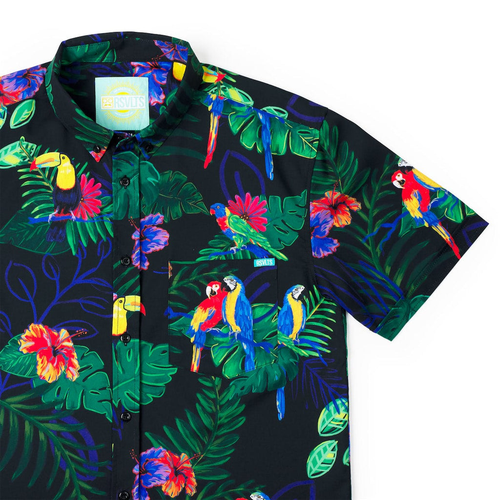 RSVLTS Two Tickets to Parrotise KUNUFLEX Short Sleeve Shirt in Black — front view
