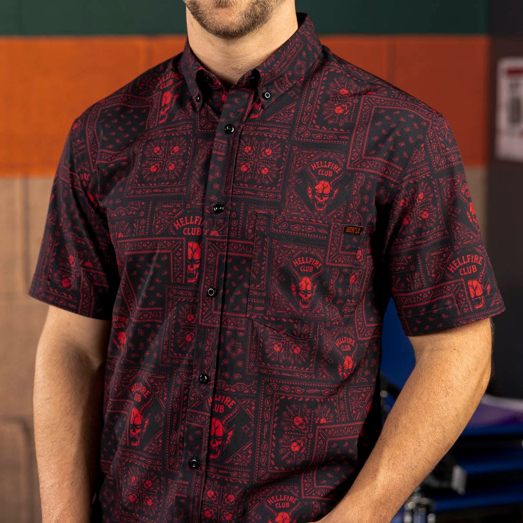 RSVLTS Welcome to Hellfire KUNUFLEX Short Sleeve Shirt in Black — detail 5