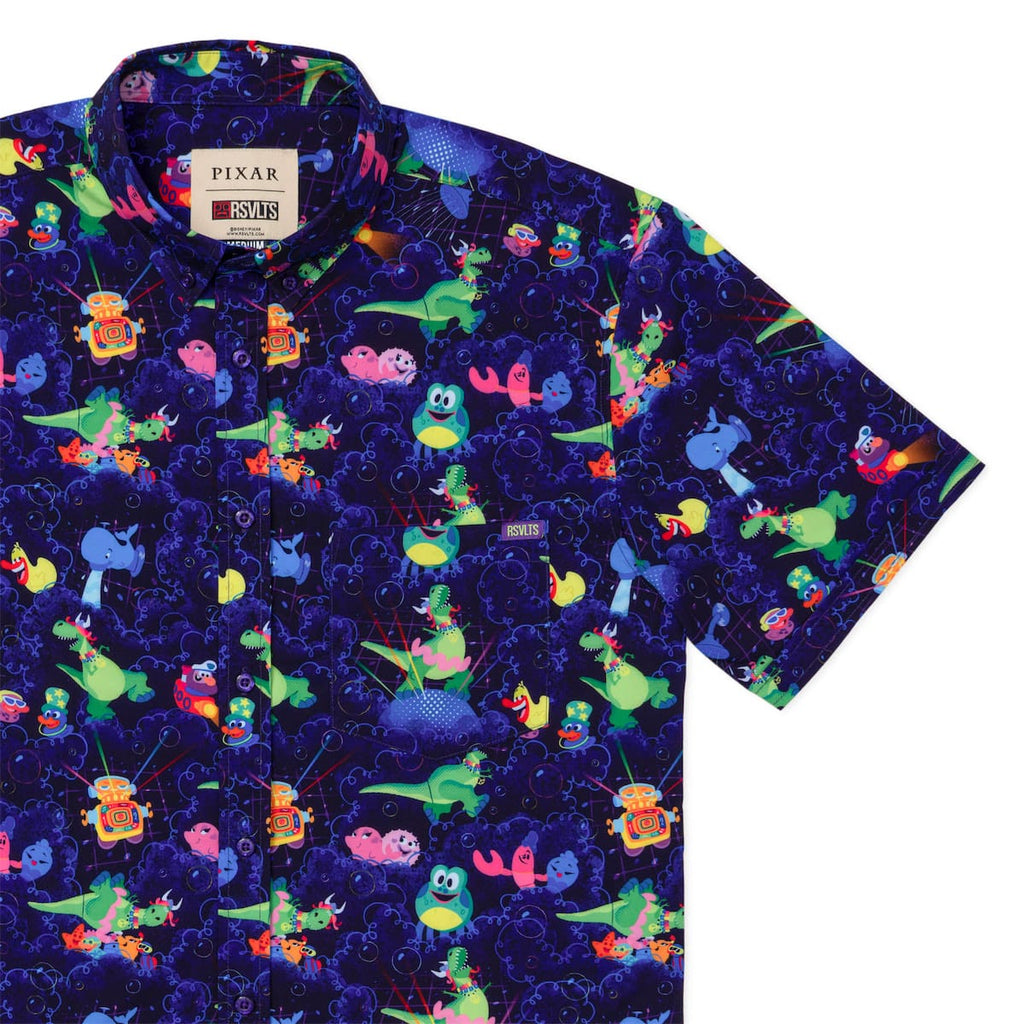 RSVLTS Partysaurus Rex KUNUFLEX Short Sleeve Shirt in Purple — front view