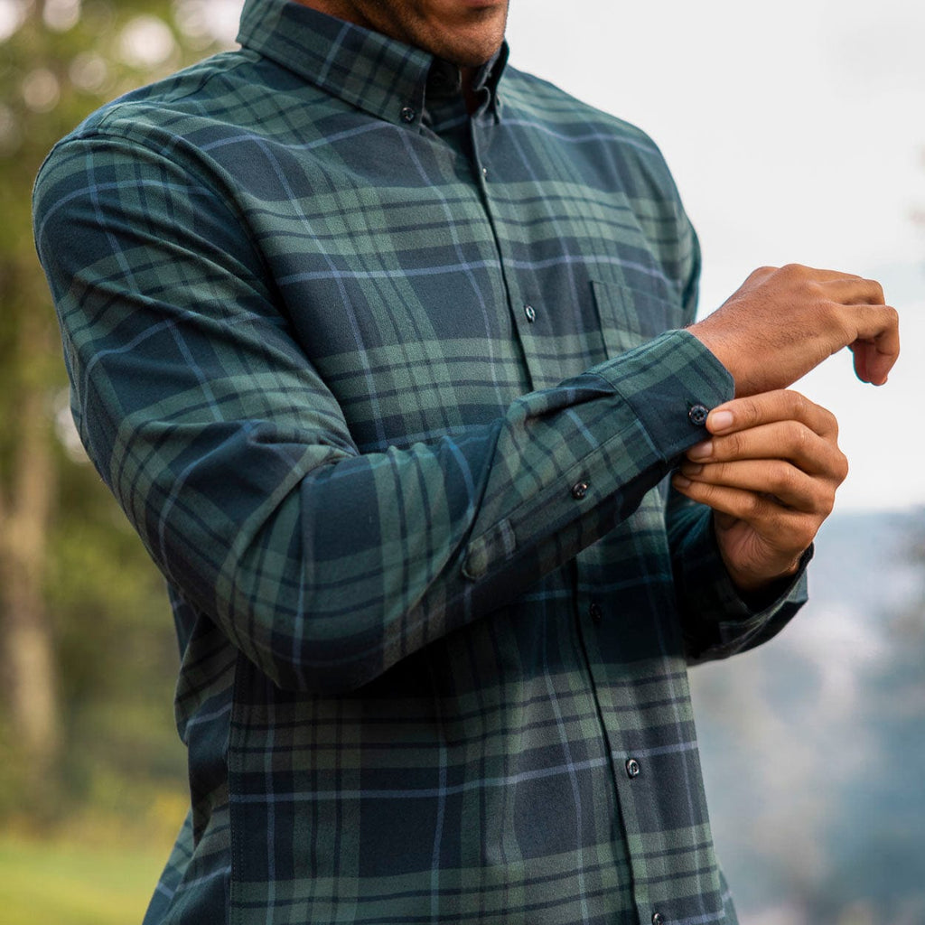 RSVLTS Jean-Plaid Flan Damme BorlandFlex Long Sleeve Flannel in Green — detail 2