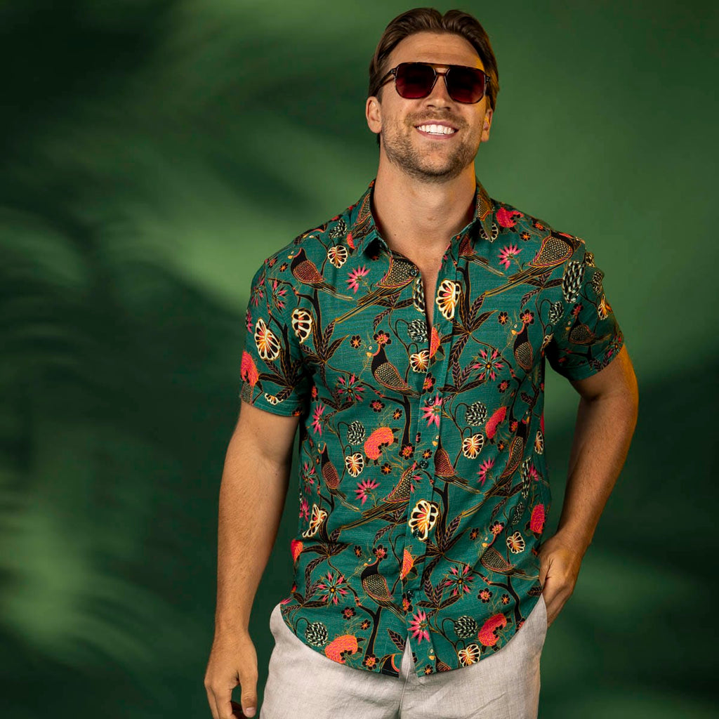 RSVLTS Songbirds Bamboo Short Sleeve Shirt in Green — detail 4