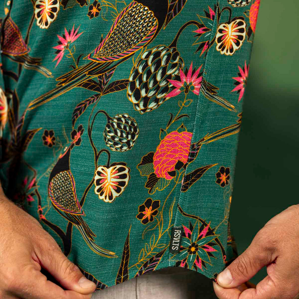 RSVLTS Songbirds Bamboo Short Sleeve Shirt in Green — detail 7