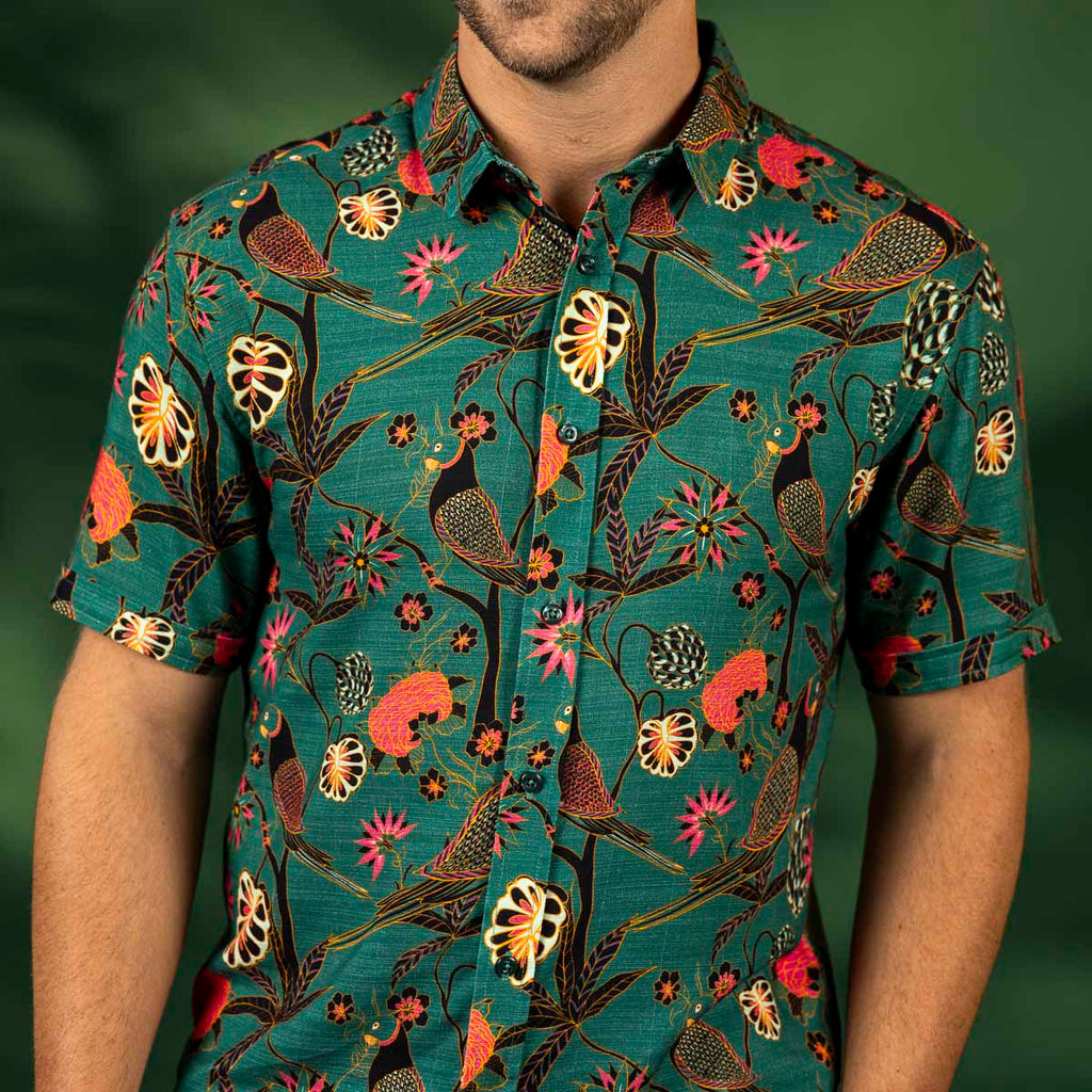 RSVLTS Songbirds Bamboo Short Sleeve Shirt in Green — front view