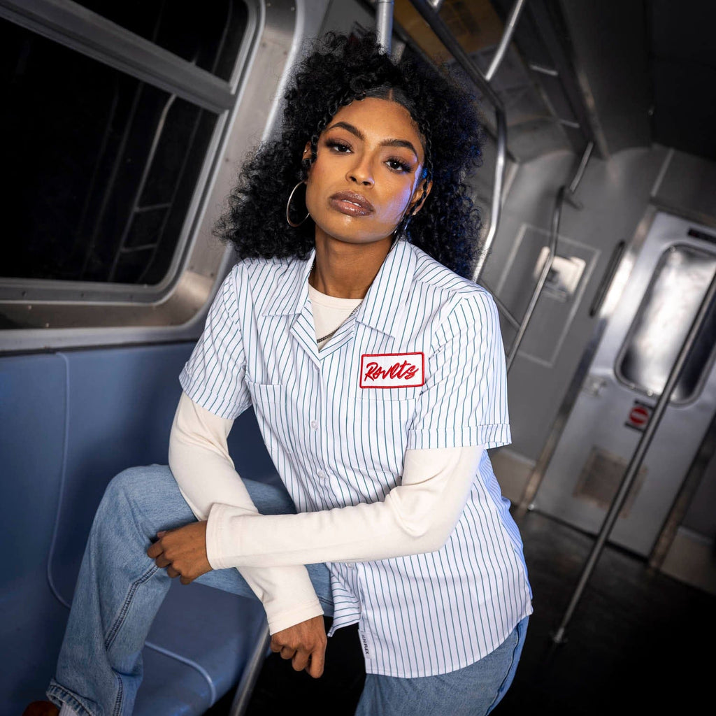 RSVLTS Full Service Women's KUNUFLEX Short Sleeve Shirt in Blue — front view