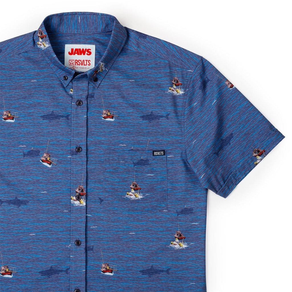 RSVLTS Eating Machine KUNUFLEX Short Sleeve Shirt in Blue — front view