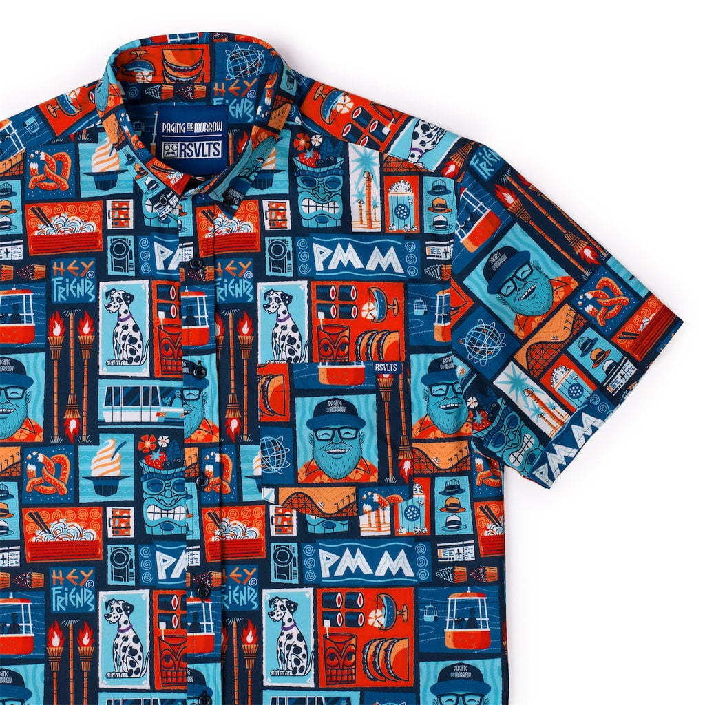 RSVLTS Hey, Friends KUNUFLEX Short Sleeve Shirt in Blue — front view