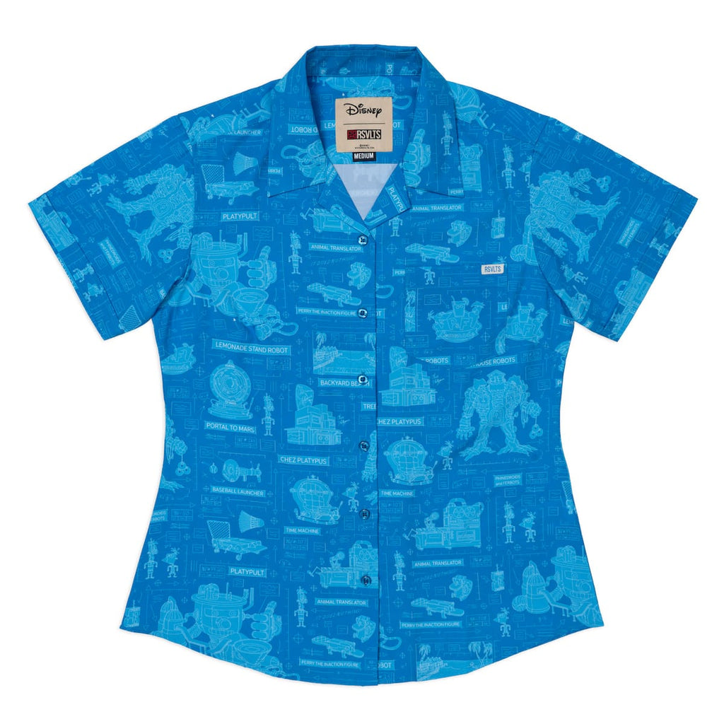 RSVLTS Backyard Blueprints Women's KUNUFLEX Short Sleeve Shirt in Blue — detail 6