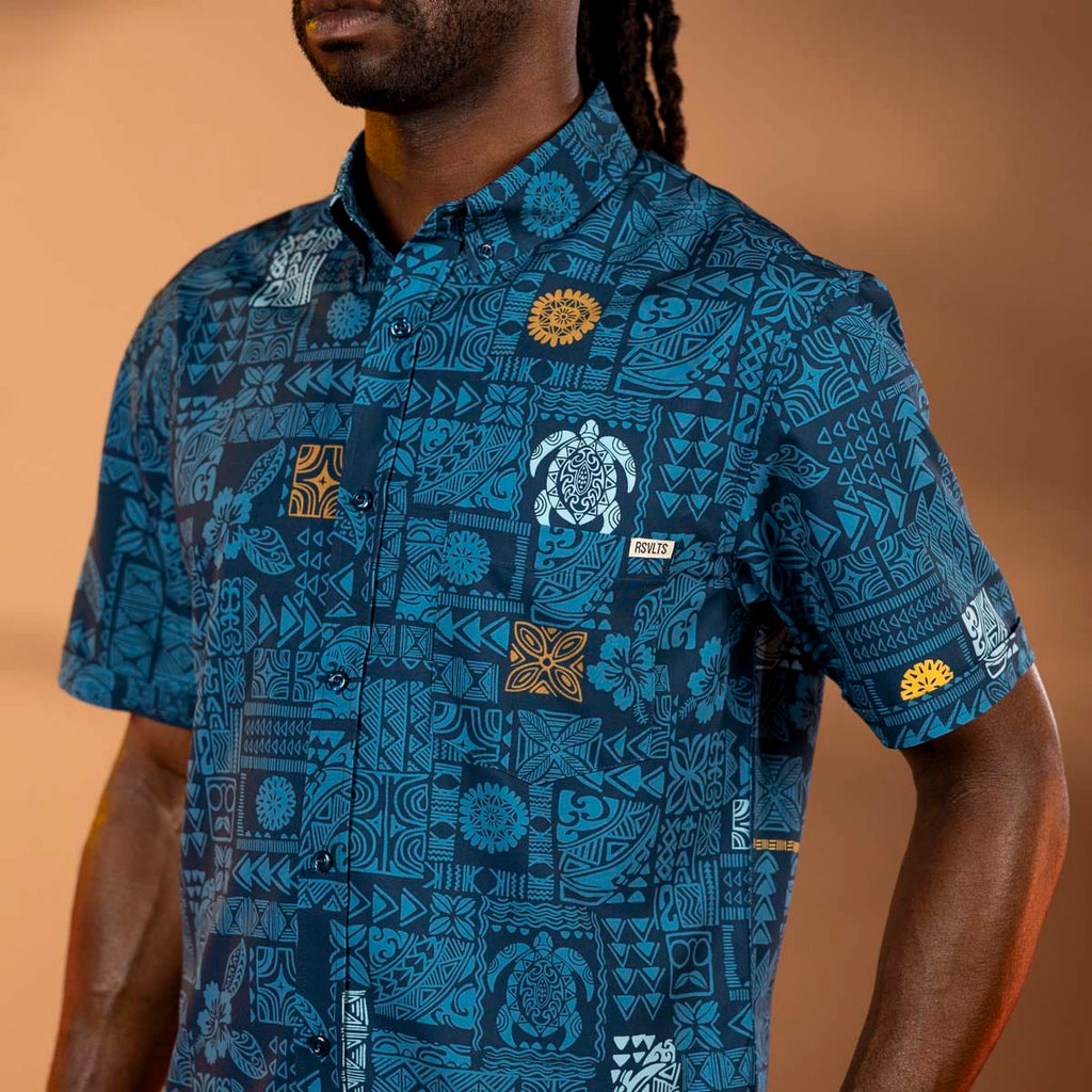 RSVLTS Tahitian Tapestry KUNUFLEX Short Sleeve Shirt in Blue — detail 2