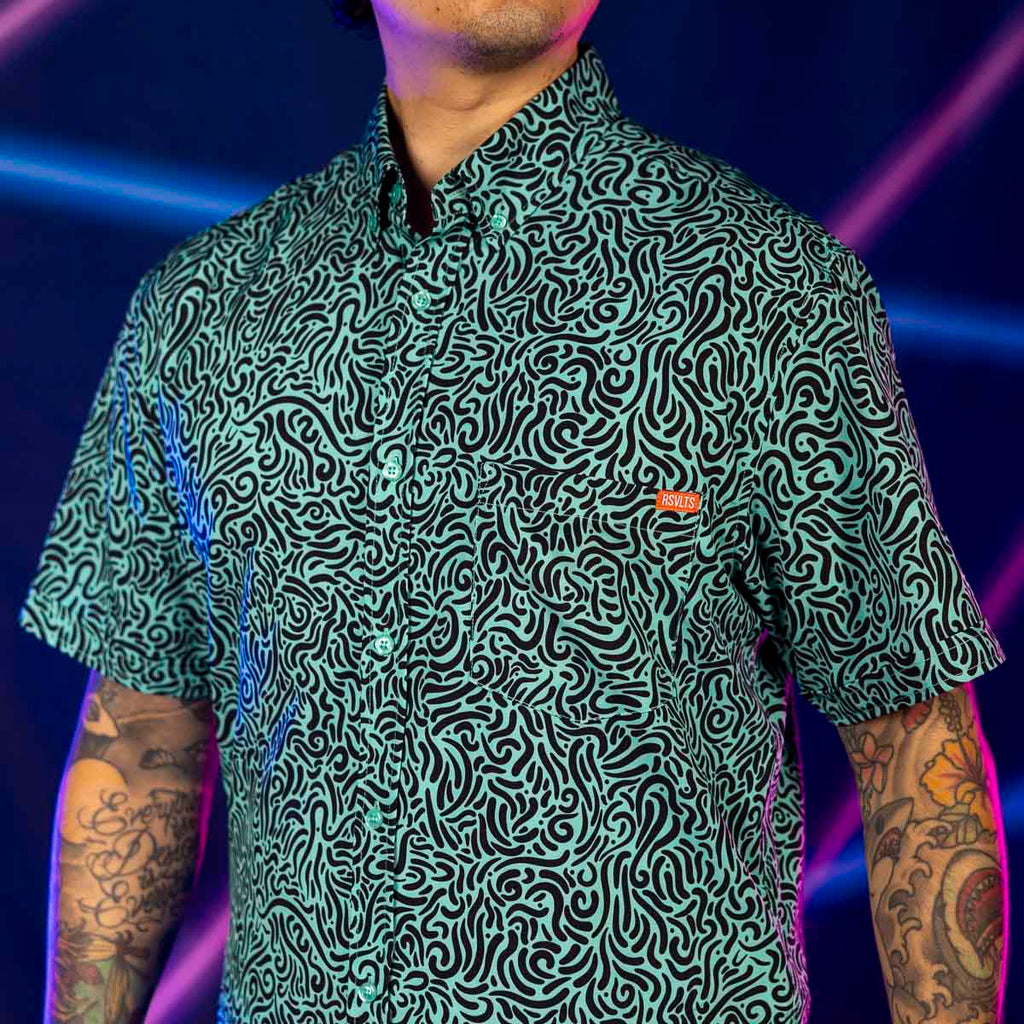 RSVLTS Squiggle Zoo KUNUFLEX Short Sleeve Shirt in Black — front view