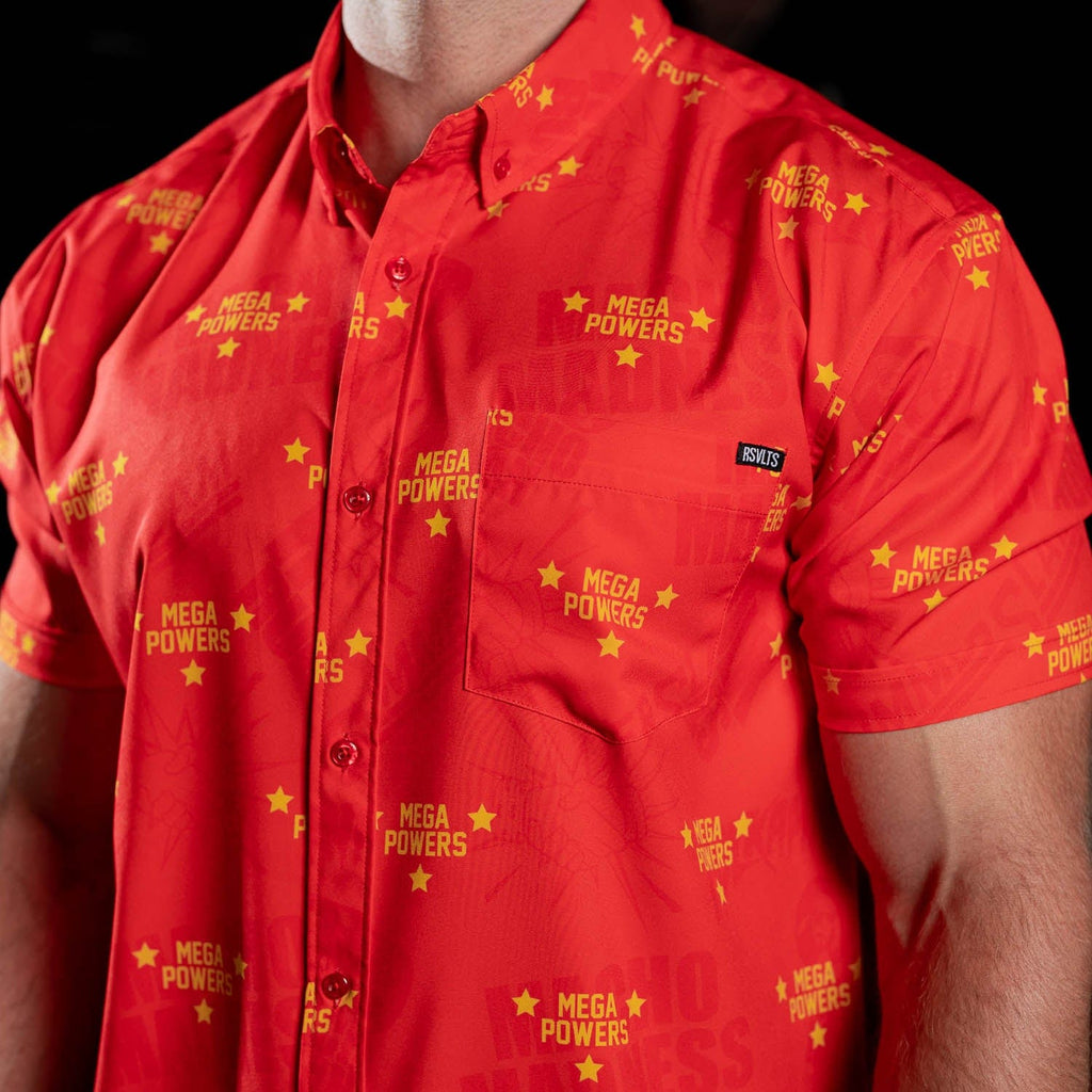 RSVLTS Mega Powers KUNUFLEX Short Sleeve Shirt in Orange — front view
