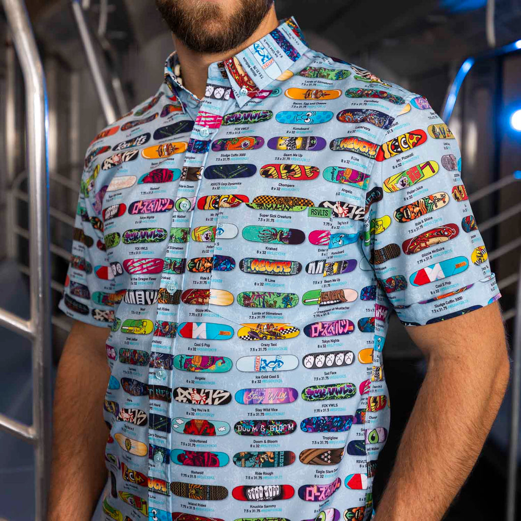 RSVLTS Skatie Magazine Day KUNUFLEX Short Sleeve Shirt in Multicolor — front view