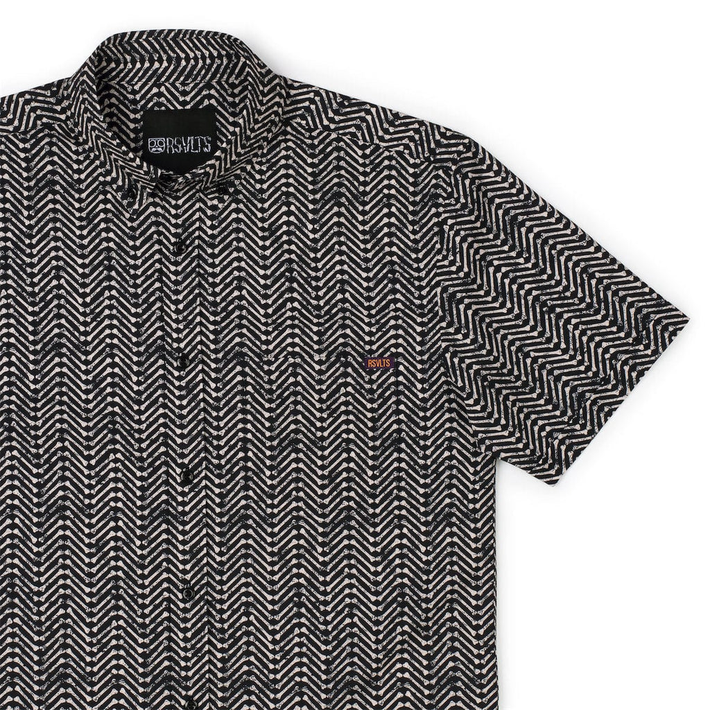 RSVLTS Herring-bonez KUNUFLEX Short Sleeve Shirt in Black — front view