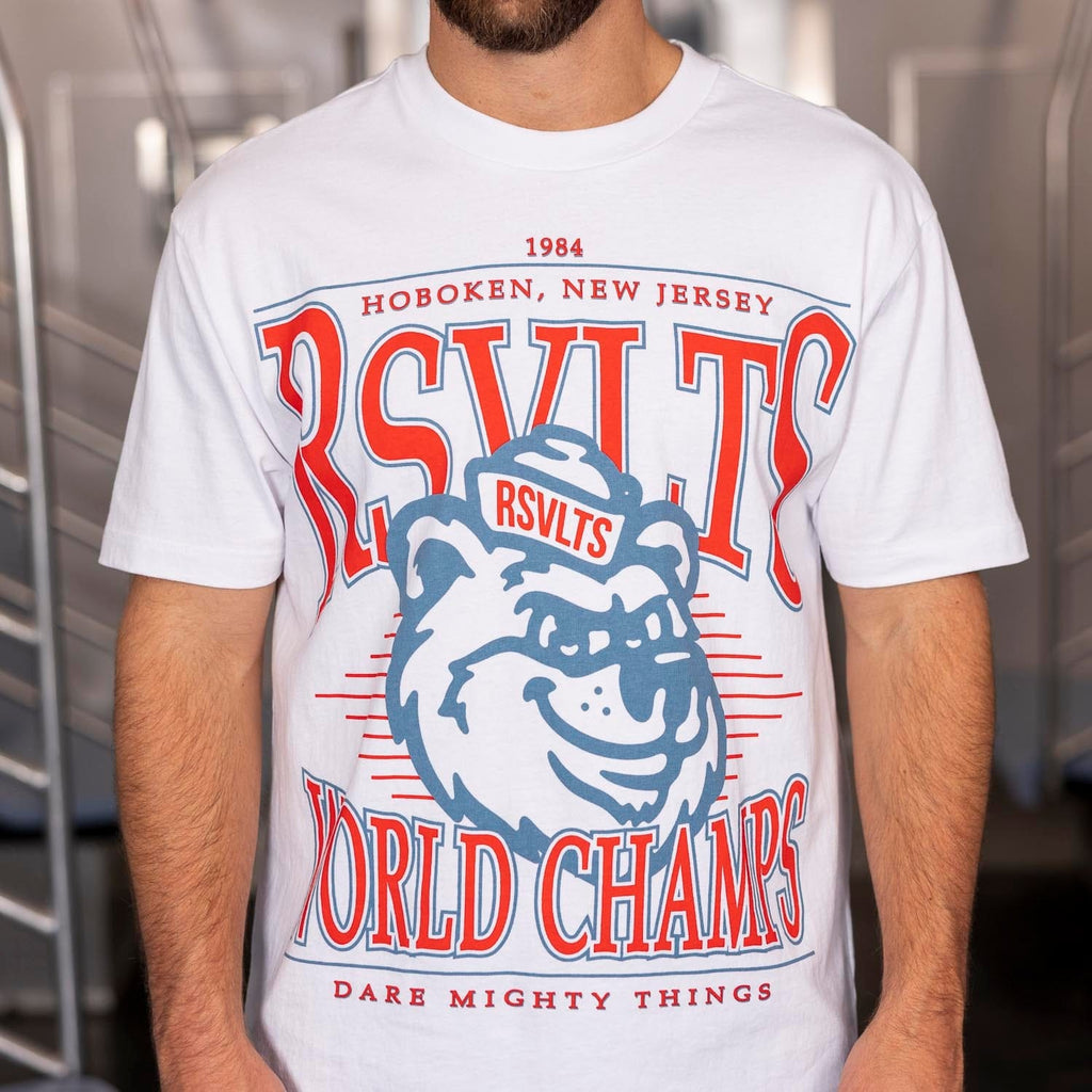 RSVLTS World Champs Vintage Crewneck Tee in Gray — front view