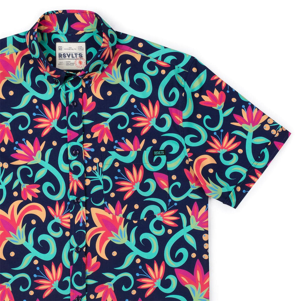 RSVLTS Rogue Foliage KUNUFLEX Short Sleeve Shirt in Multicolor — front view